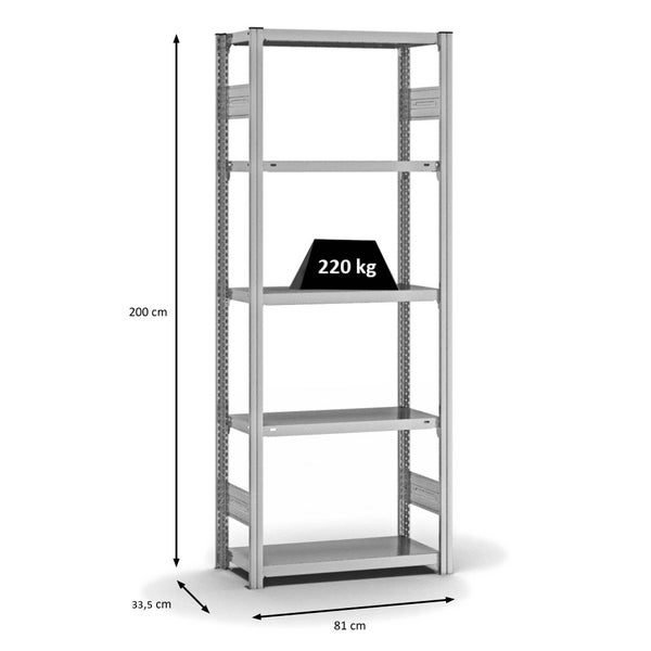 PROREGAL Fachbodenregal Stecksystem T-Profil Medium-Duty Grundregal HxBxT 200 x 75 x 30 cm 5 Ebenen Fachlast 220 kg Beidseitig Nutzbar Verzinkt