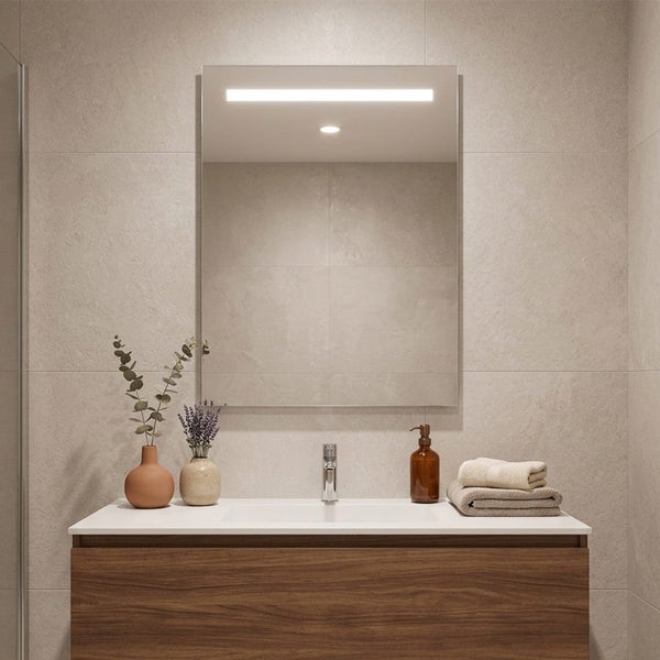 Modernes Badezimmer mit rechteckigem LED-Spiegel, Holz-Waschtischunterschrank mit weißer Platte und integriertem Waschbecken vor Fliesenwand.