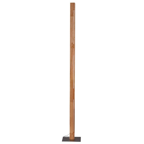 Moderne LED Stehleuchte aus Holz mit schmalem vertikalem Lichtband auf einem flachen quadratischen Standfuß