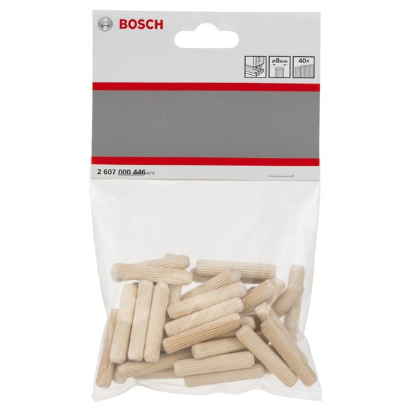 Bosch Logo. 40 Holzdübel, jeweils acht Millimeter Durchmesser.