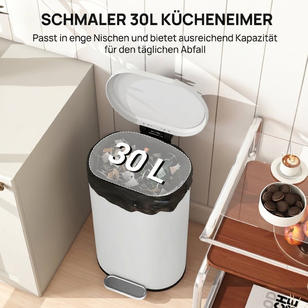 Schmaler 30 Liter Tretabfalleimer für die Küche mit Deckel in einer Wohnküche.