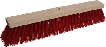 Saalbesen mit Holzkörper, roten Kunststoffborsten und Stielloch.