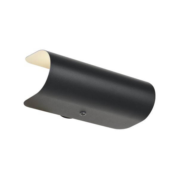 Schwarze Wandleuchte mit zylindrischem Lampenschirm.