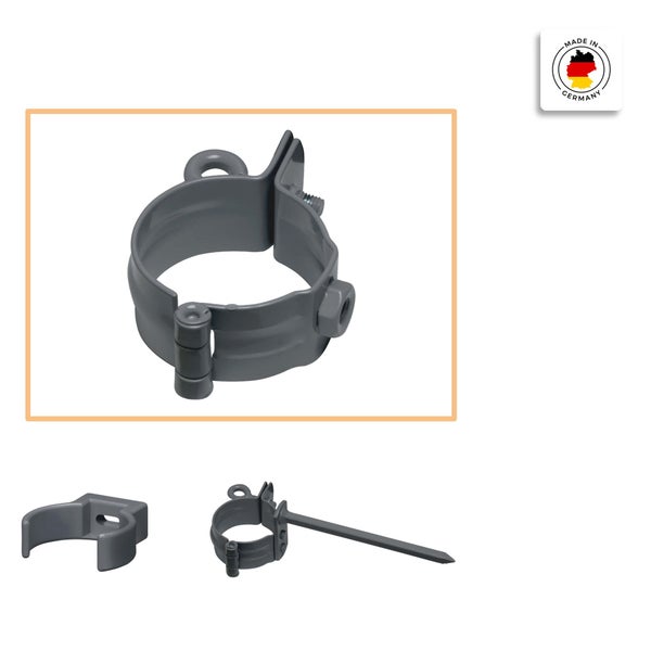 Graue Fallrohrschelle aus Kunststoff mit Wandbefestigung und Distanzstück. Hergestellt in Deutschland.