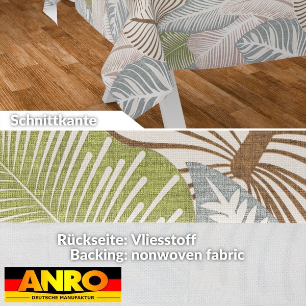 Wachstuchtischdecke mit Blattmuster, Schnittkante und Rückseite aus Vliesstoff. ANRO Logo.