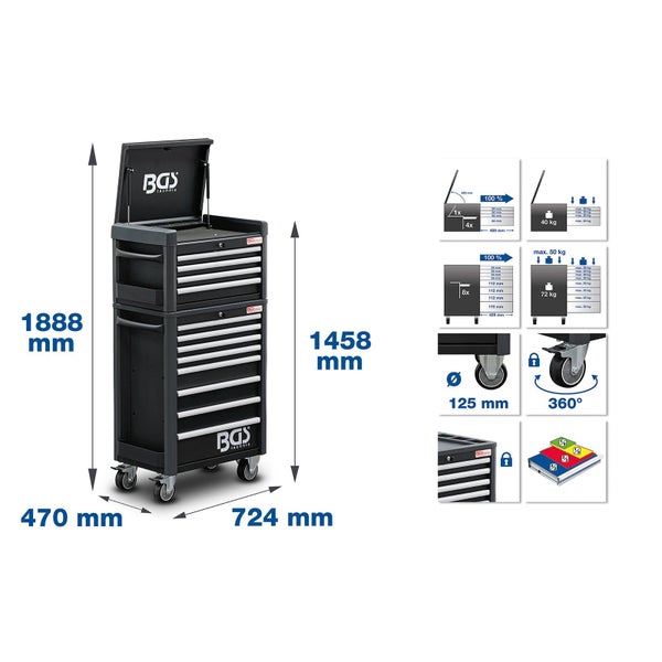 BGS Werkstattwagen Profi Standard Maxi 12 Schubladen mit 263 Werkzeugen - 4088