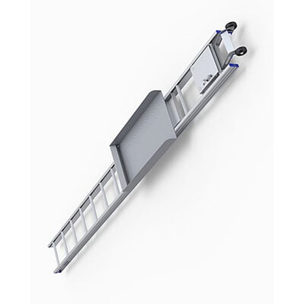 Dachleiter aus Aluminium mit integrierter Arbeitsplattform und zwei Laufrollen