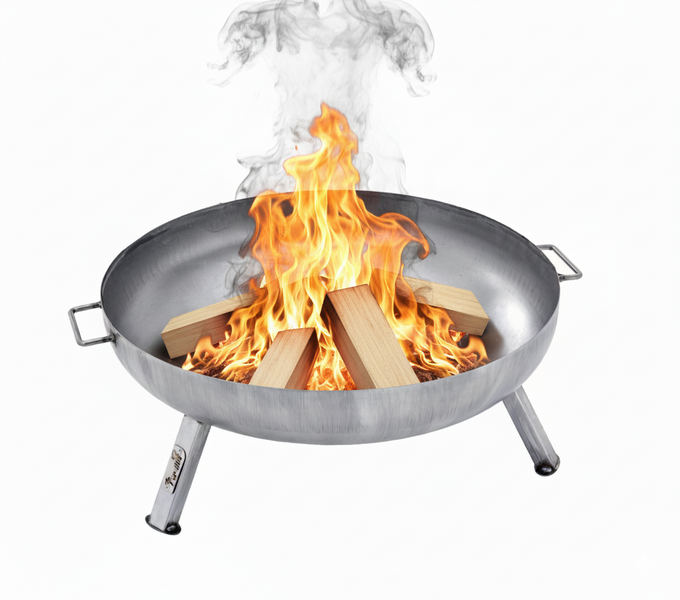 Feuerschale aus Metall mit Holz und Feuer