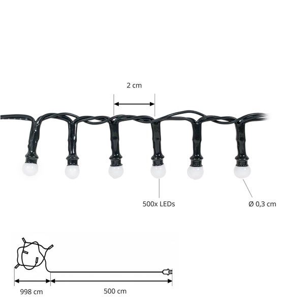 LED Lichterkette mit 500 LEDs, Abstand 2 Zentimeter, Durchmesser 0,3 Zentimeter, Länge 998 Zentimeter plus 500 Zentimeter Zuleitung