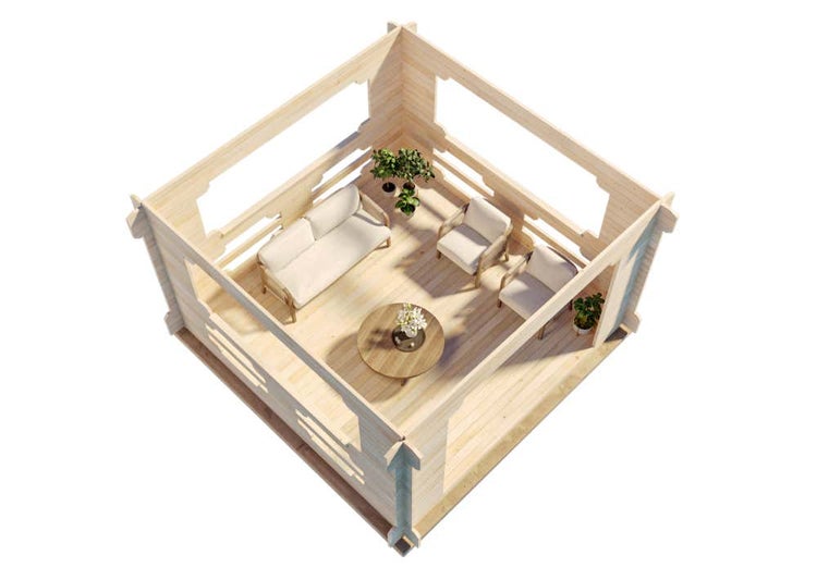Draufsicht eines offenen Gartenhauses aus hellem Holz mit Einrichtung: Sofa, zwei Sessel, ein runder Tisch und Topfplanzen.