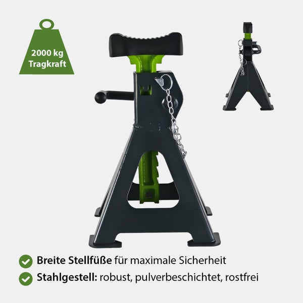 Unterstellbock aus pulverbeschichtetem Stahl mit 2000 Kilogramm Tragkraft und breiten Standfüßen für einen sicheren Halt.