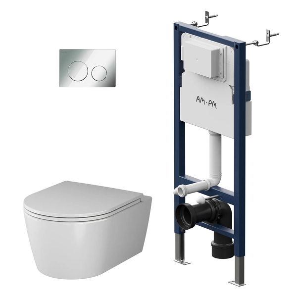 AM.PM Wand-WC Set Tiefspüler offener Spülrand weiß glänzend mit WC-Sitz , Vorwandelement und Betätigungsplatte chrom IIS90151.FA1700