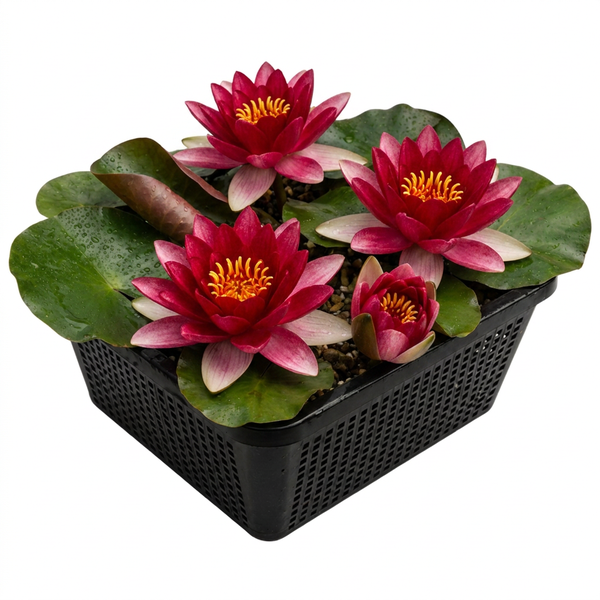 Eine Seerose mit leuchtend roten Blüten und grünen Blättern in einem schwarzen Pflanzkorb für Teiche.