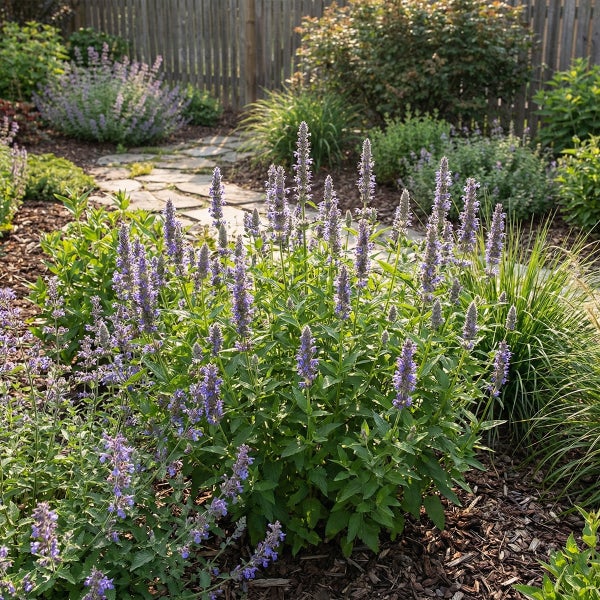 Blühende Katzenminze in einem Garten mit Natursteinweg, Rindenmulch und Holzzaun im Hintergrund.