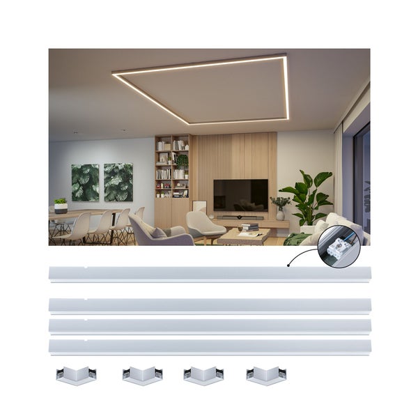LED Eckprofil Set für Deckenbeleuchtung inklusive Verbindungselemente für ein quadratisches Lichtband in einem modernen Wohnzimmer.