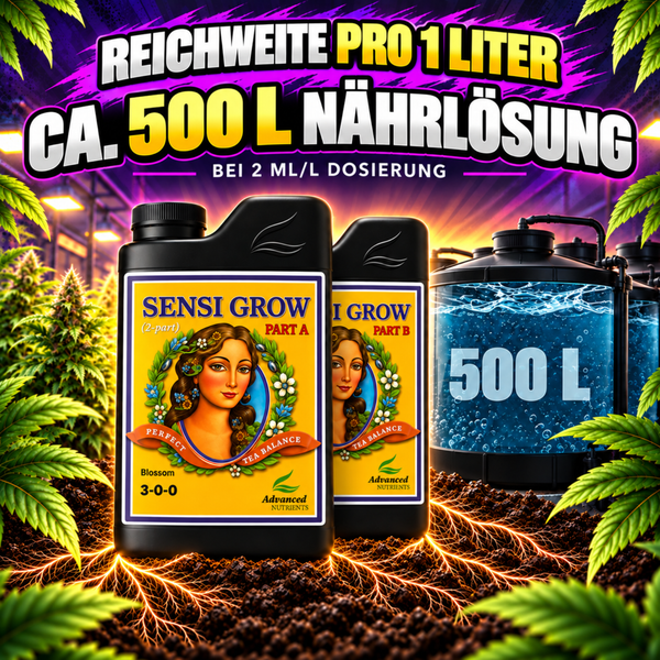 Zwei Flaschen Advanced Nutrients Sensi Grow Teil A und Teil B Pflanzenduenger fuer fuenfhundert Liter Naehrloesung.