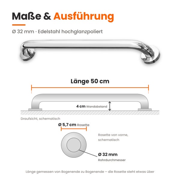 Technisches Maßblatt für einen hochglanzpolierten Haltegriff aus Edelstahl mit einer Länge von 50 Zentimetern und 32 Millimeter Rohrdurchmesser.