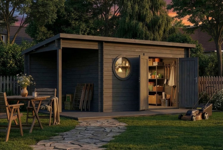 Draufsicht auf ein organisiertes Gartenhaus aus Holz mit Regalen, Werkbank, Laubbläser, rundem Fenster und Doppeltür.
