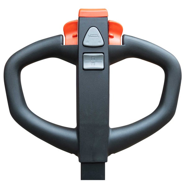 Ergonomischer Deichselgriff eines Hubwagens in Schwarz und Orange mit integrierten Bedienelementen für Hupe, Heben und Senken.
