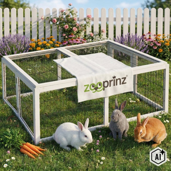 Freigehege für Kaninchen im Garten mit drei Kaninchen und Zooprinz Logo auf einer Decke.