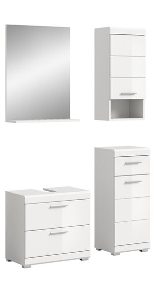 Modernes Badezimmermöbel-Set in Weiß Hochglanz, bestehend aus Spiegel mit Ablage, Hängeschrank, Waschbeckenunterschrank und Midischrank.