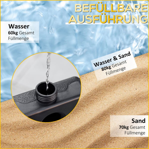 Befüllbarer schwarzer Kunststoffsockel für 60 Kilogramm Wasser, 70 Kilogramm Sand oder 80 Kilogramm Wasser und Sand.