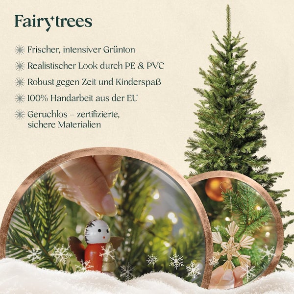 FairyTrees kuenstlicher Weihnachtsbaum mit realistischem Aussehen aus Polyethylen und Polyvinylchlorid in Handarbeit gefertigt.