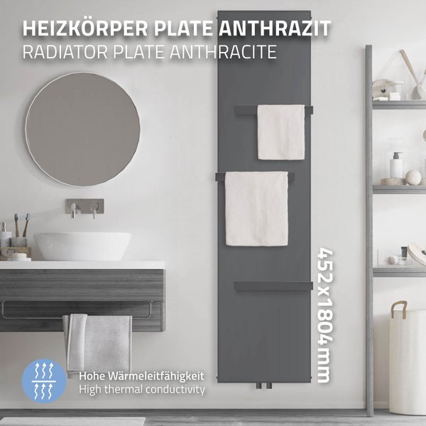 ML-Design Badheizkörper 1800x452 mm Anthrazit + 3x Handtuchhalter, Flach Einlagig Design Heizkörper Mittelanschluss Vertikal Planheizkörper Vertikalheizkörper Paneelheizkörper Flachheizkörper Heizwand