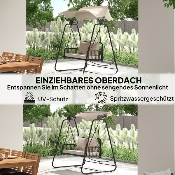 Outsunny Hollywoodschaukel Rattan 2-Sitzer Gartenschaukel mit verstellbar Sonnendach Kissen Hängebank bis 240 kg belastbar Hängeschaukel Schaukelbank für Garten Balkon 149 x 121 x 180 cm Khaki