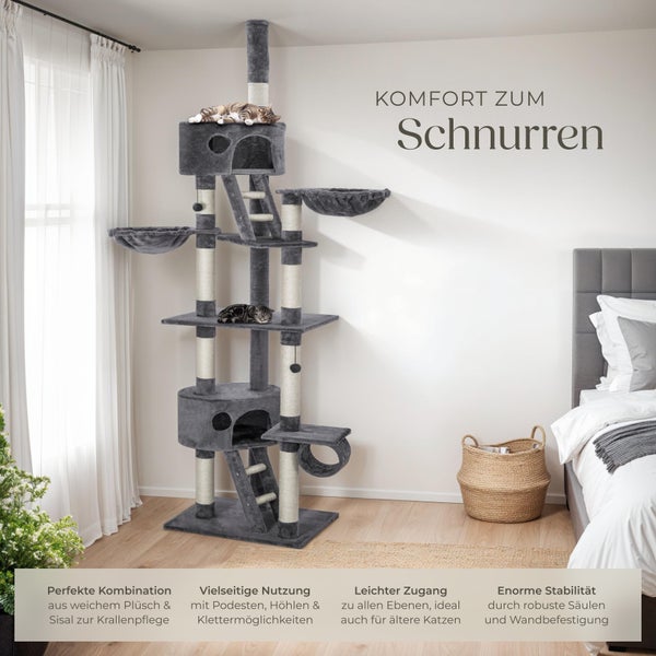 Kratzbaum tectake Hansi inklusive 2 Treppen, 2 Spielbällen, Deckenspanner und Kippschutz 243 bis 260 cm grau
