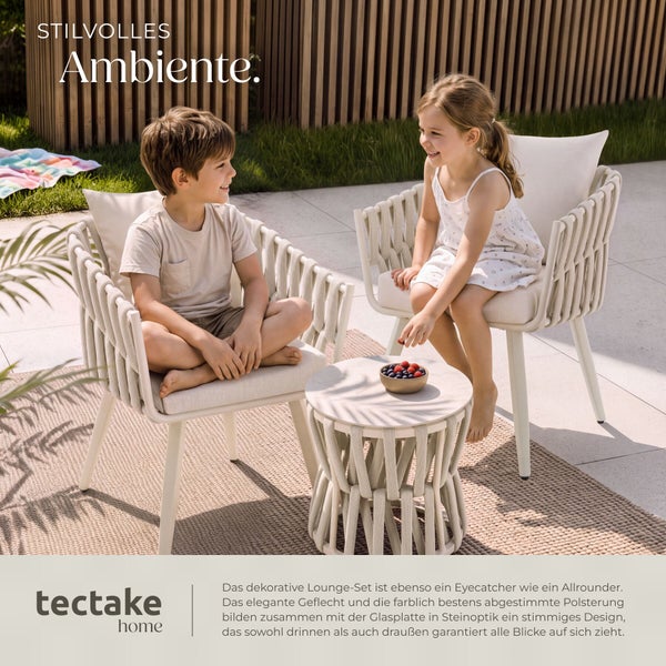Tectake Home Lounge Set mit zwei Sesseln und einem Beistelltisch aus Geflecht und Glasplatte in Steinoptik für ein stilvolles Gartenambiente.