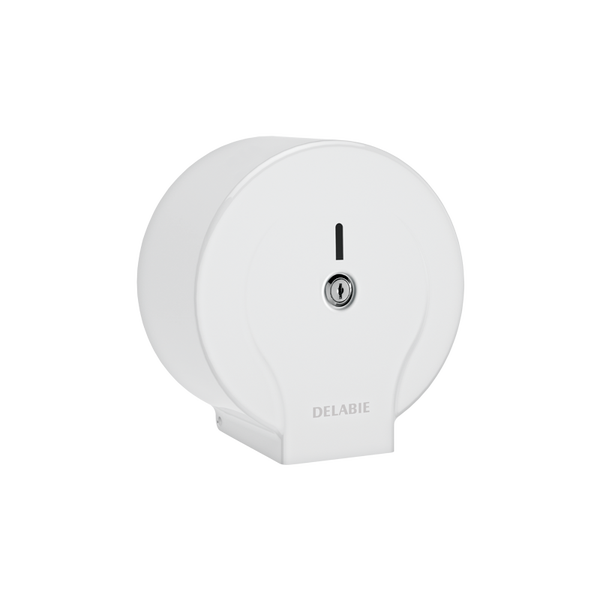 Weißer, runder Toilettenpapierspender von Delabie mit Sichtfenster und Schloss.