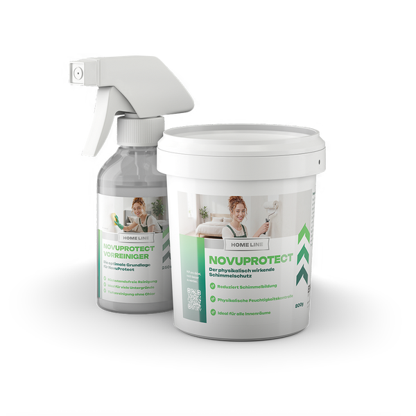Home Line Novuprotect Set mit Vorreiniger in der 250 Milliliter Sprühflasche und Schimmelschutz im 800 Gramm Eimer für Innenräume.