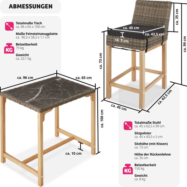 Rattan Tisch Kutina mit 4 Stühlen Latina tectake  Beine aus Holz mit Aluminiumgestellen natur