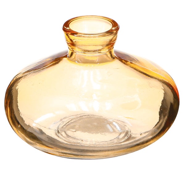 Kleine runde Glasvase aus bernsteinfarbenem Glas mit schmalem Hals.