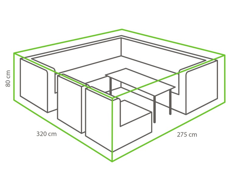 Abbildung einer Gartengarnitur mit den Maßen 320 cm x 275 cm x 80 cm.