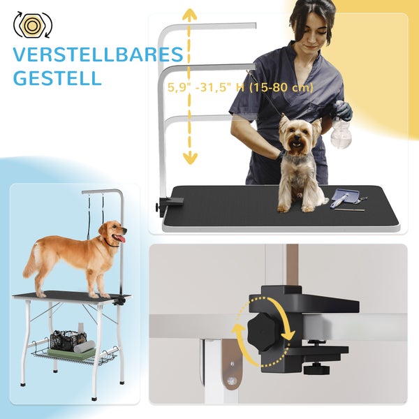 PawHut Hundepflegetisch, Trimmtisch für Hunde, klappbar Schertisch, Haustierpflegetisch mit Netzkorb, Schlingen, für Haartrocken, Haarschneiden, bis 40kg belastbar Schwarz+Weiß