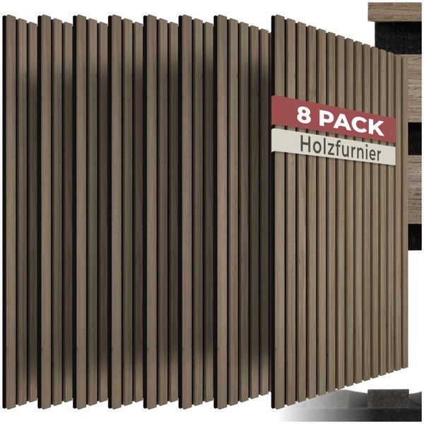 8er Pack Akustikpaneele mit Holzfurnier für die Wandgestaltung und Schalldämmung.