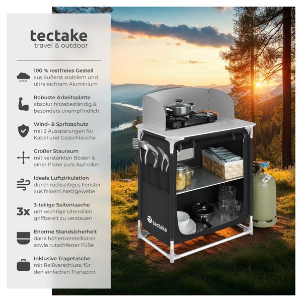 tectake Campingküche mit Windschutz, Stauraum und Seitentaschen im Outdoor-Einsatz