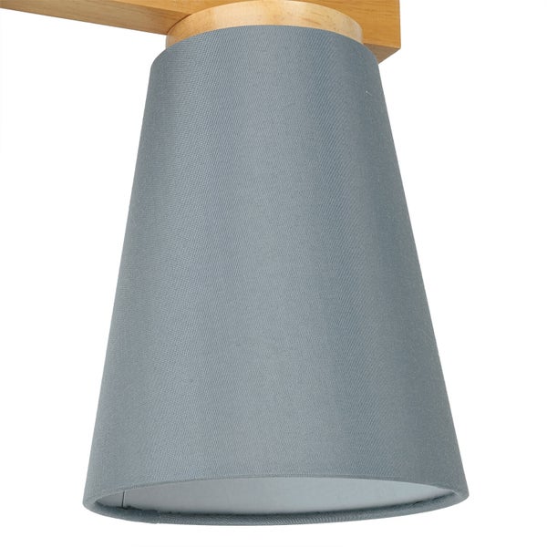 Deckenleuchte mit grauem Lampenschirm und Holzsockel