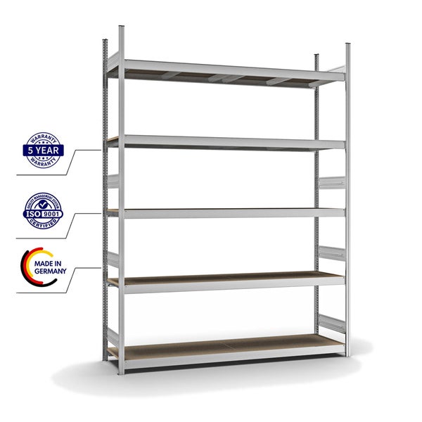 PROREGAL Weitspannregal Stecksystem T-Profil Grundregal HxBxT 300x225x50 cm 5 Ebenen Spanplatten Fachboden Fachlast 350 kg Verzinkt
