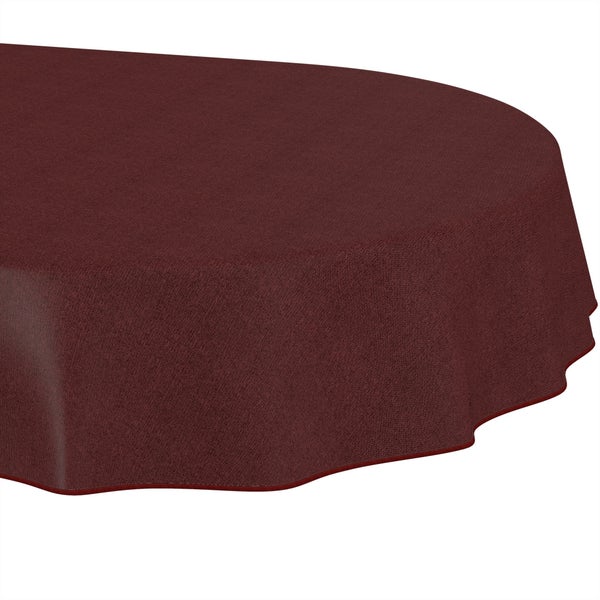 Dunkelrote ovale Tischdecke mit gewelltem Rand und strukturierter Oberfläche.
