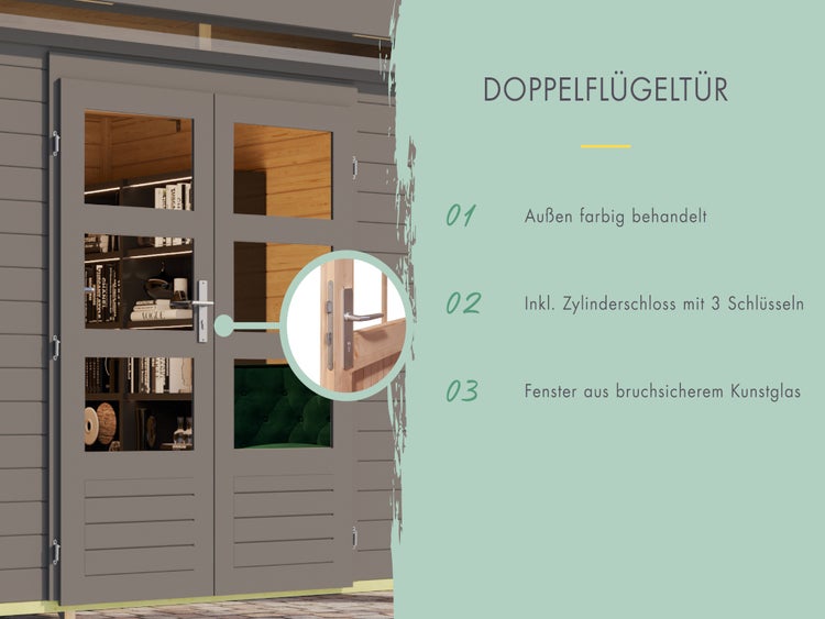 Graue Doppelflügeltür für Gartenhäuser mit Fenstern aus bruchsicherem Kunstglas und Zylinderschloss inklusive drei Schlüsseln.