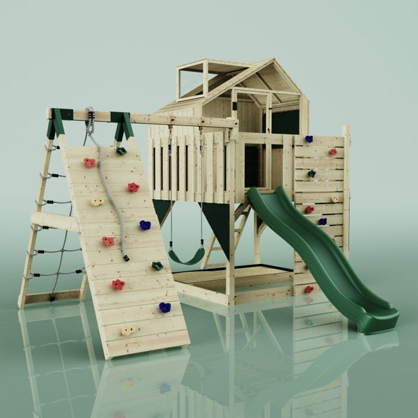 Spielplatz aus Holz mit Rutsche, Kletterwand und Schaukel