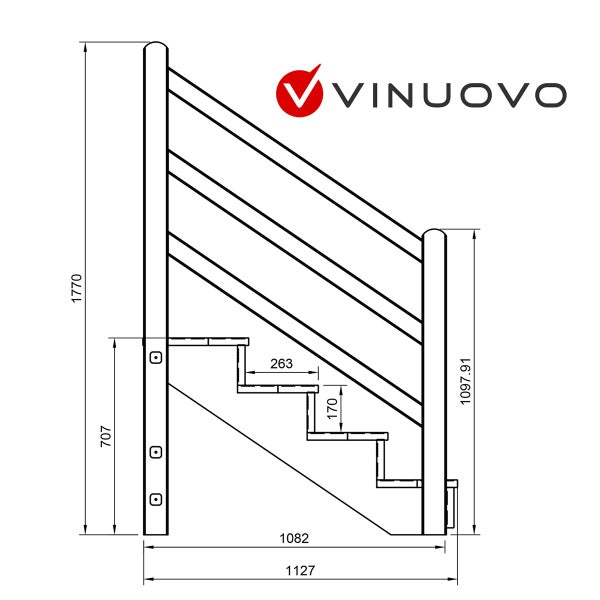 Technische Zeichnung einer Treppe mit Maßen und Vinuovo Logo