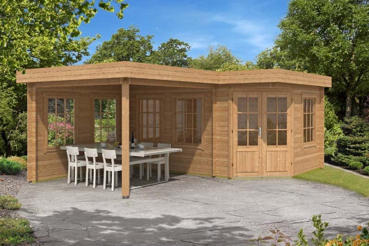 Alpholz 5-Eck Gartenhaus Pepe 40 mm Wandstärke mit Terrasse 442 x 302 cm + 300 cm, Pinie (Imprägniert)