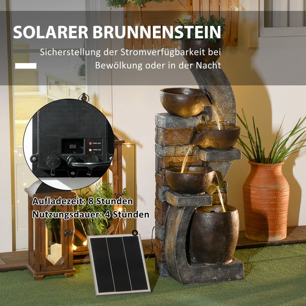 Solarbetriebener Brunnen mit mehreren Schalen, Solarmodul und Steuerung zur Stromversorgung
