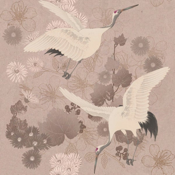 Illustration mit zwei Kranichen zwischen Blumen