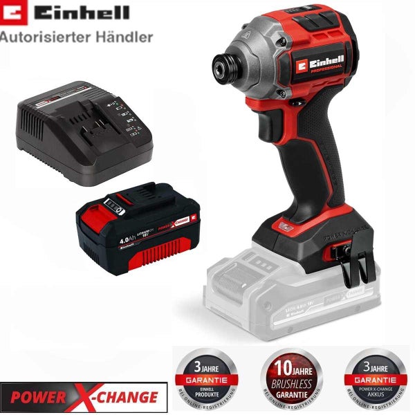 Einhell Logo, Akku-Schlagschrauber, 4,0 Amperestunden Akku, Ladegerät, bürstenloser Motor, 3 Jahre Produkt- und Akkugarantie, 10 Jahre Motorgarantie.