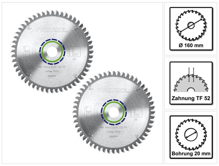 Festool Spezial Kreissägeblatt Set 2x HW 160 x 20 x 2,2 mm TF52  ( 2x 496306 ) 160 mm 52 Zähne
